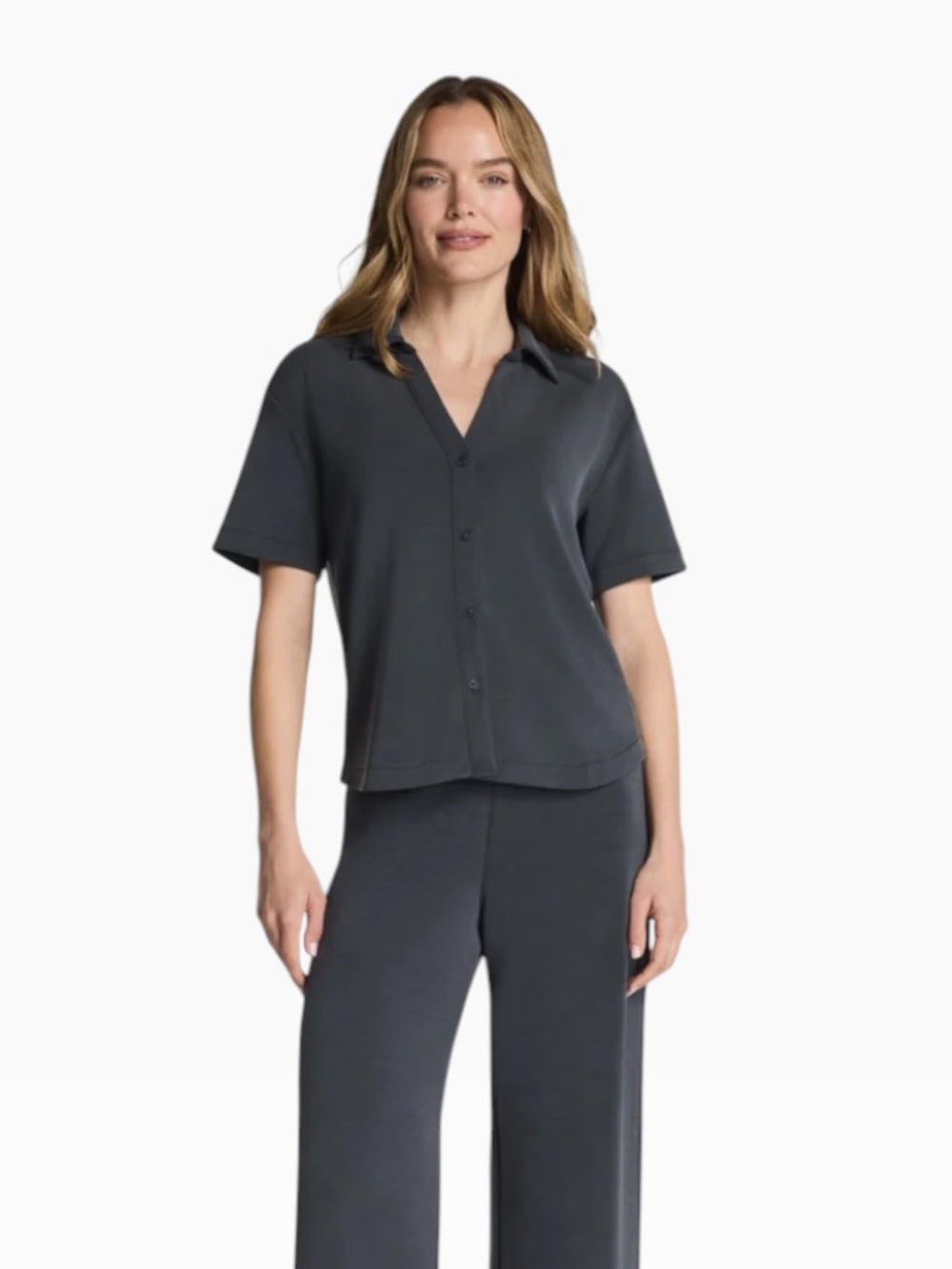 Spanx NWOT casual grey lounge travel button front short sleeve top extra large